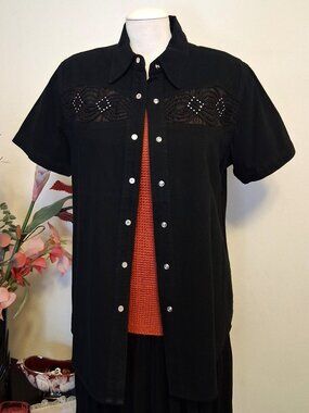 New Unique Short Sleeve Chic Black Denim Shirt Classic Button-Down Jean Jacket